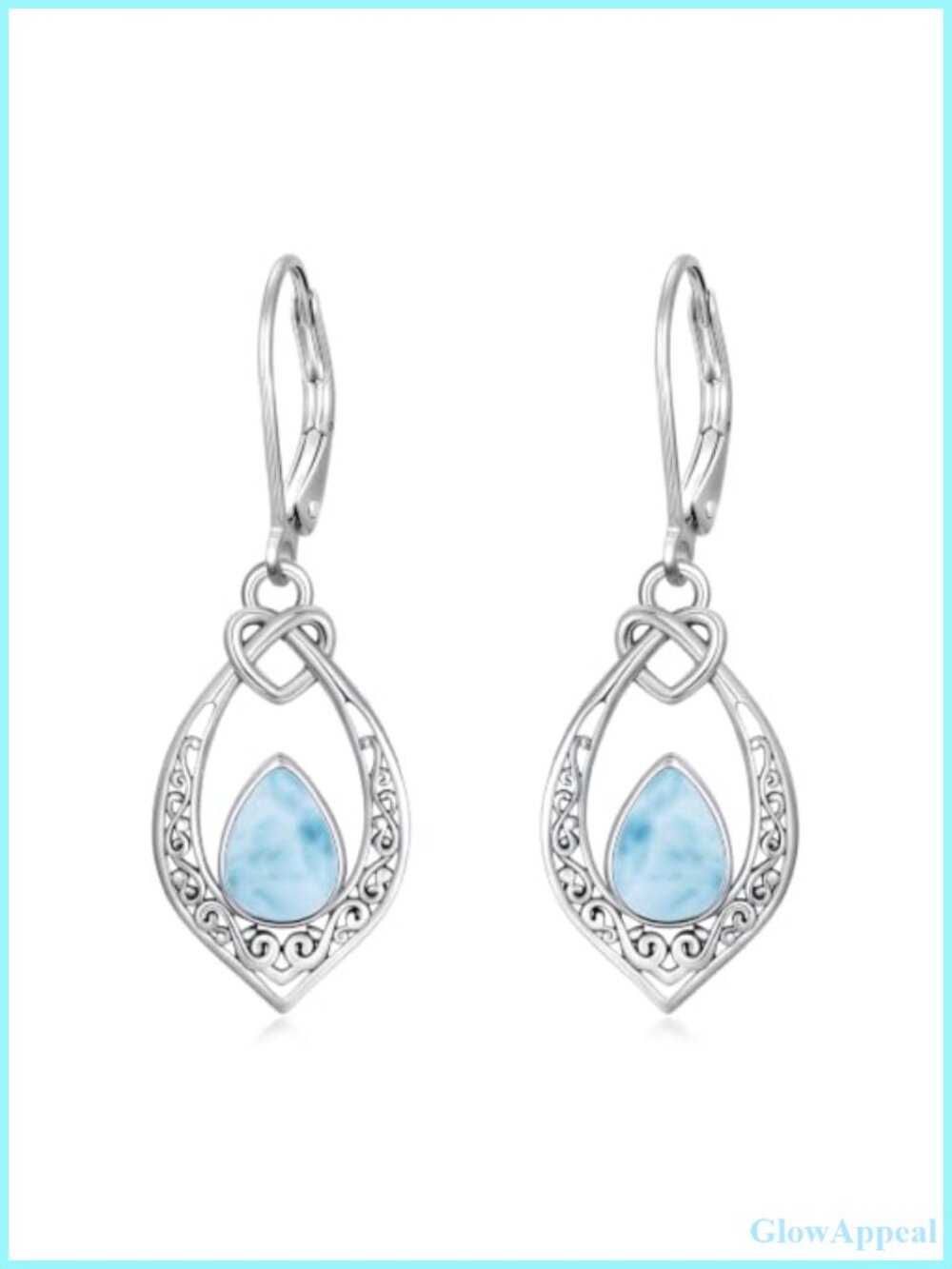 Celtic Knot Teardrop Larimar Dangle Earrings 18K White Gold Plated Leverback